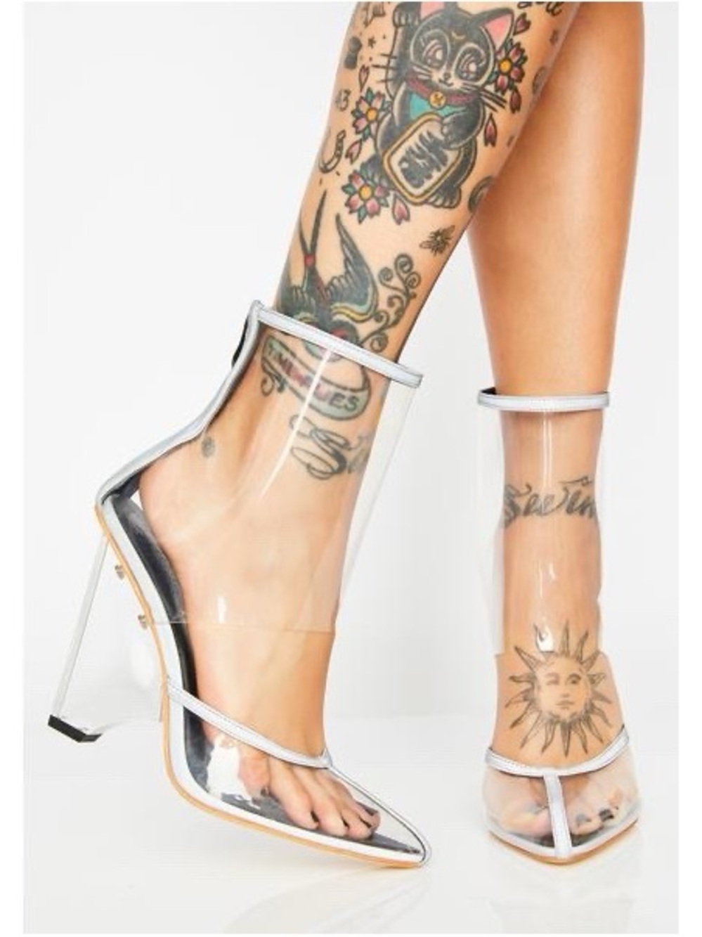 Azalea Wang Kitty Reflective Silver Clear PVC Lucite Heel Size 11 NWT